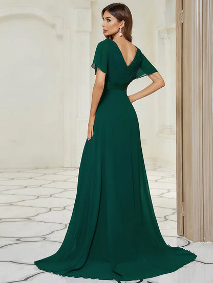 Long Chiffon Empire Waist Bridesmaid Dress with Short Flutter Sleeves