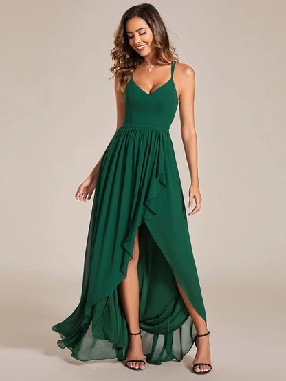 Chiffon Spaghetti Strap Ruffled Front Slit A-Line Bridesmaid Dress