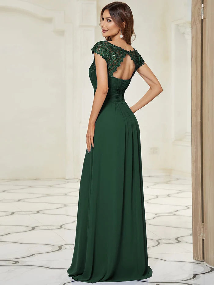 Elegant Maxi Long Lace Cap Sleeve Bridesmaid Dress