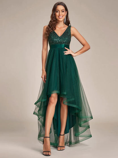 Sequin Bodice Tulle High-Low Evening Dress with Ribbon Waist