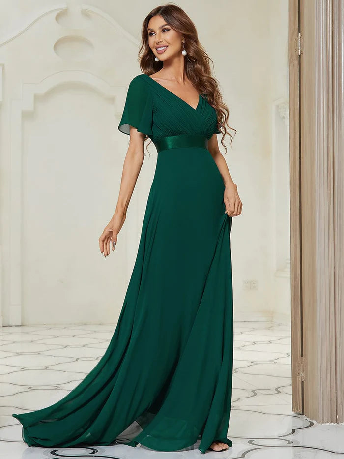 Long Chiffon Empire Waist Bridesmaid Dress with Short Flutter Sleeves