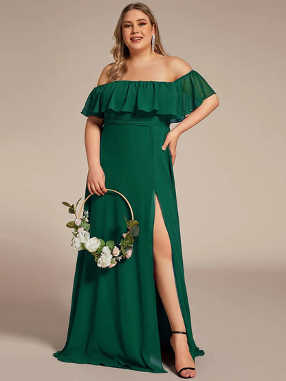 Women's Off Shoulder Ruffle Thigh Slit Bridesmaid Dresses