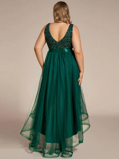 Sequin Bodice Tulle High-Low Evening Dress with Ribbon Waist