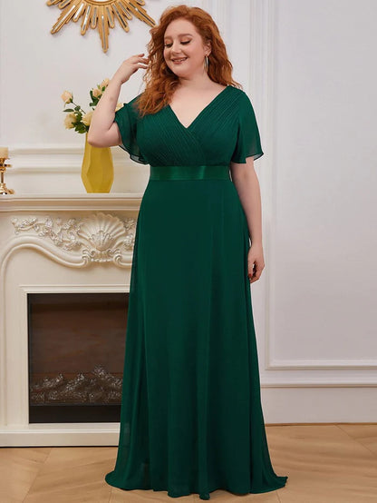 Long Chiffon Empire Waist Bridesmaid Dress with Short Flutter Sleeves