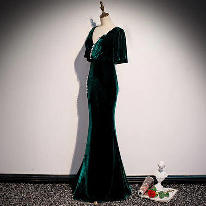 Dark Green Velvet Mermaid Slit V-neckline Formal Dress Party Dress Long Evening Dresses