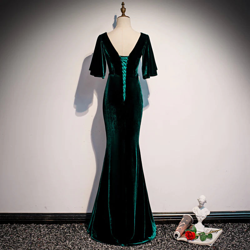 Dark Green Velvet Mermaid Slit V-neckline Formal Dress Party Dress Long Evening Dresses