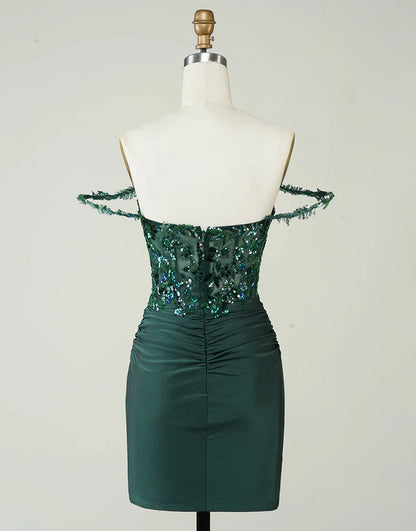 Sequins/Sparkling Off Shoulder Sheath Dark Green Short Homecoming Dress with Appliques