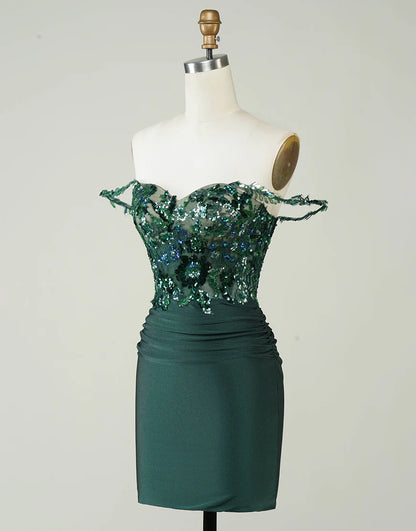 Sequins/Sparkling Off Shoulder Sheath Dark Green Short Homecoming Dress with Appliques