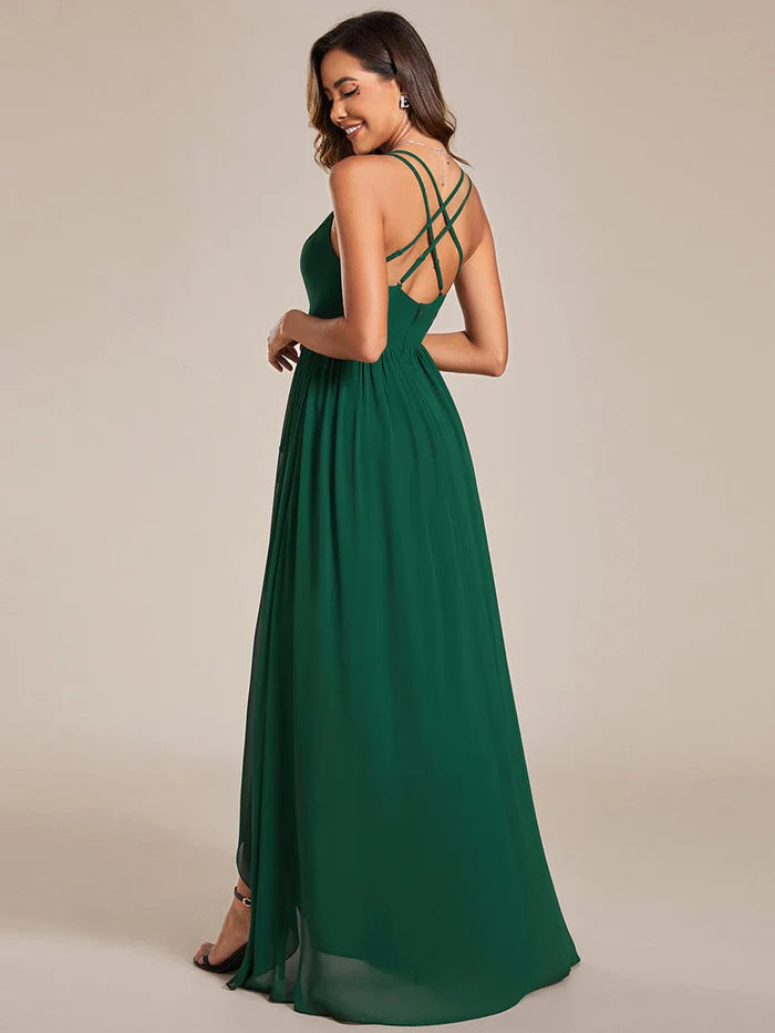 Chiffon Spaghetti Strap Ruffled Front Slit A-Line Bridesmaid Dress