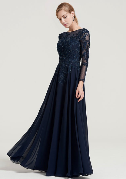 A-line Bateau 3/4 Sleeve Floor-Length Chiffon Mother of the Bride Dress With Beading Appliqued