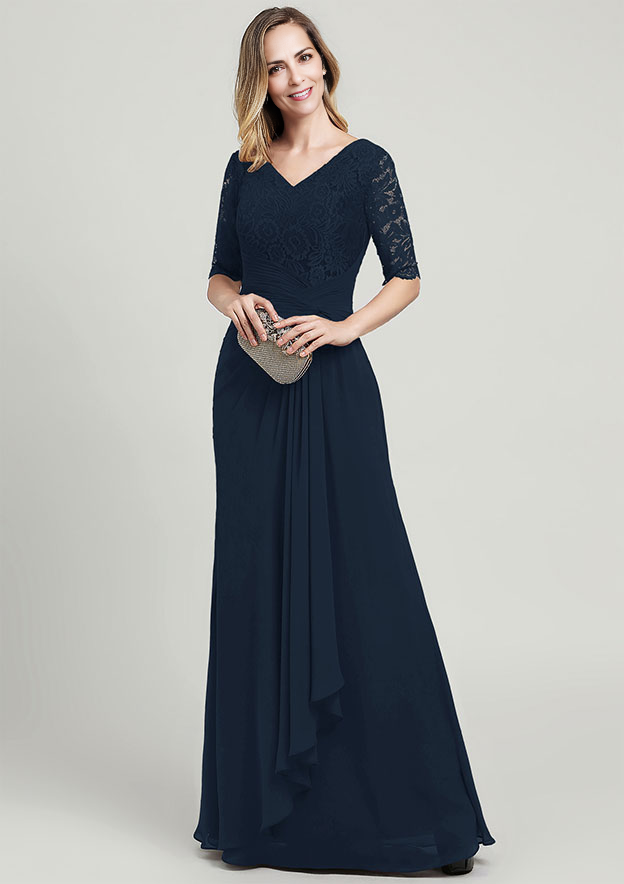 Chiffon Mother of the Bride Dress V Neck Half Sleeve Long With Ruffles Pleated Lace