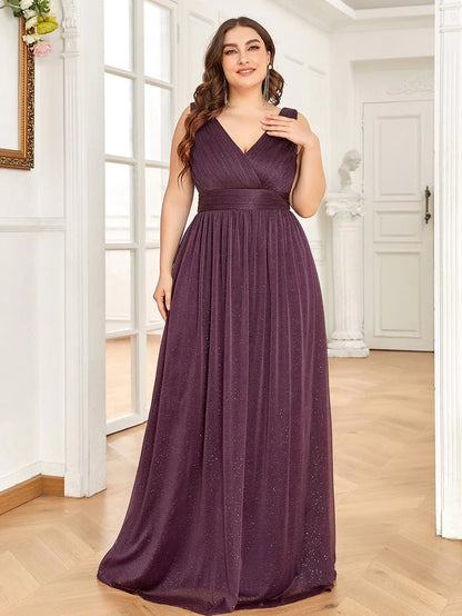 Double V Neck Maxi Long Plus Size Sparkly Evening Dresses for Party