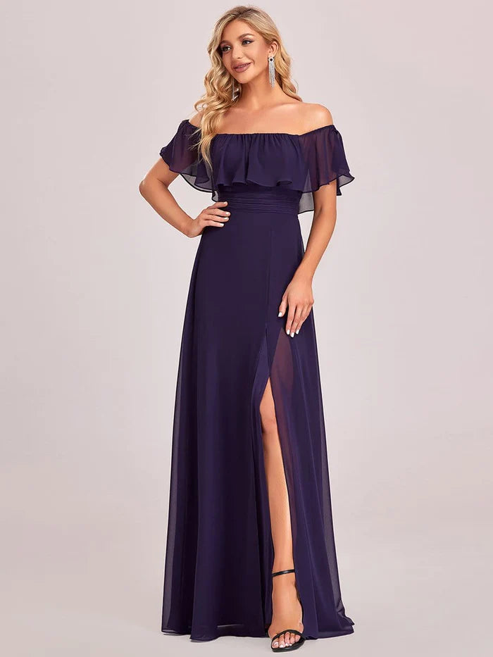 Women's Off Shoulder Ruffle Thigh Slit Bridesmaid Dresses