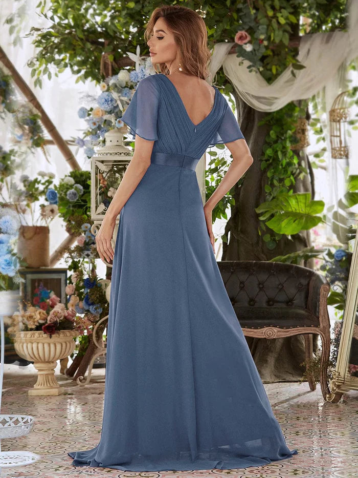 Long Chiffon Empire Waist Bridesmaid Dress with Short Flutter Sleeves