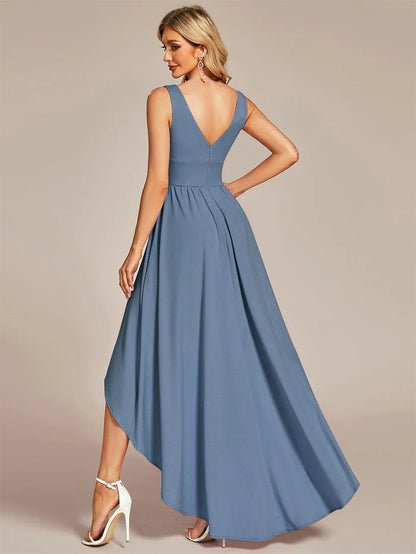 Deep V-Neck High-Low Sleeveless A-Line Wedding Guest Dress