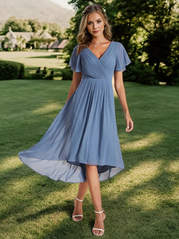 Chic V Neck Asymmetrical Hem Ruffles Sleeve Pleated Chiffon Wedding Guest Dress