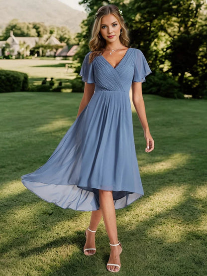 Chic V Neck Asymmetrical Hem Ruffles Sleeve Pleated Chiffon Wedding Guest Dress