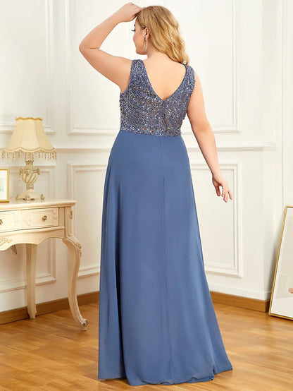 Elegant Paillette & Chiffon V-neck A-line Sleeveless Plus Size Formal Evening Dresses