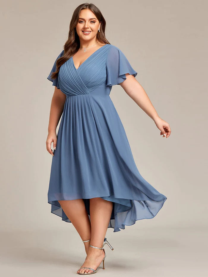 Chic V Neck Asymmetrical Hem Ruffles Sleeve Pleated Chiffon Wedding Guest Dress