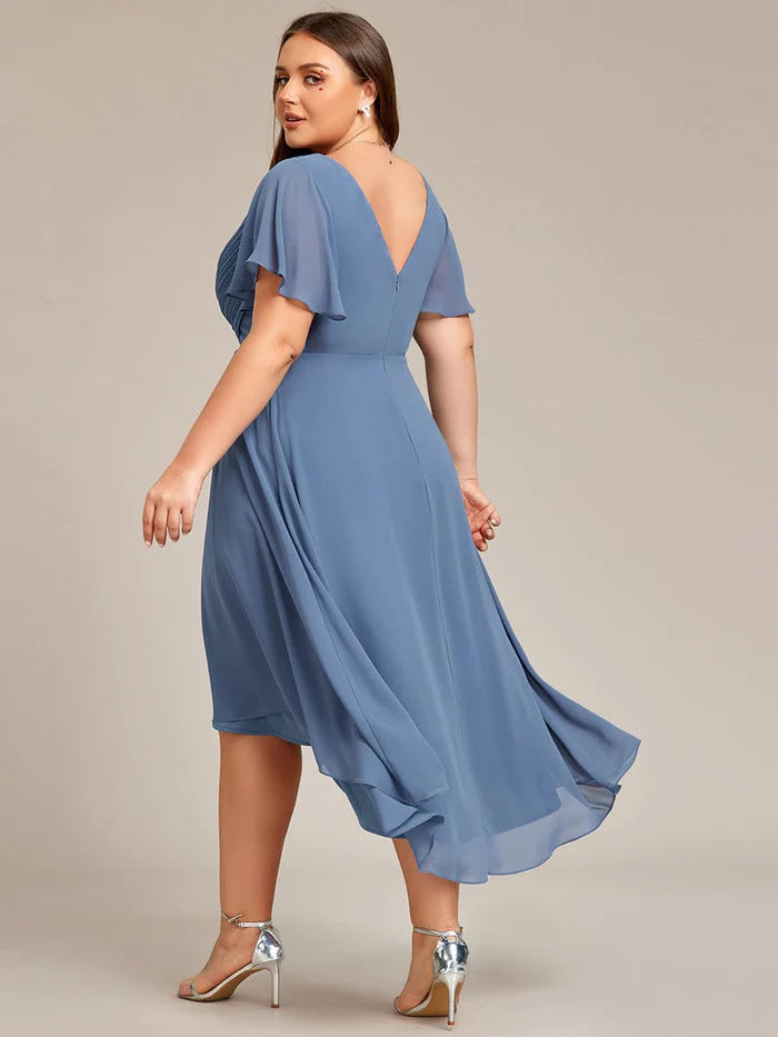 Chic V Neck Asymmetrical Hem Ruffles Sleeve Pleated Chiffon Wedding Guest Dress