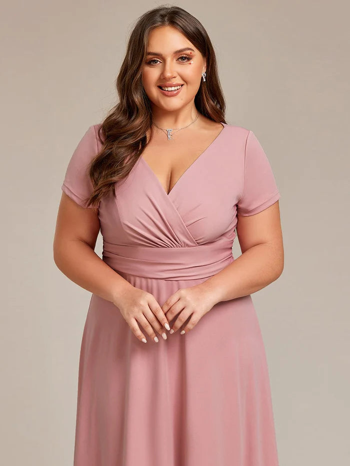 Plus Size Pleated V-Neck Short Sleeves Empire Waist A-Line Bridesmaid Dress