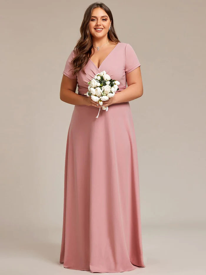 Plus Size Pleated V-Neck Short Sleeves Empire Waist A-Line Bridesmaid Dress