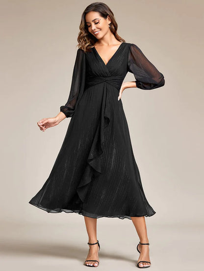 Shimmering Long Sleeve V-Neck Chiffon Twist Knot A-Line Evening Dress