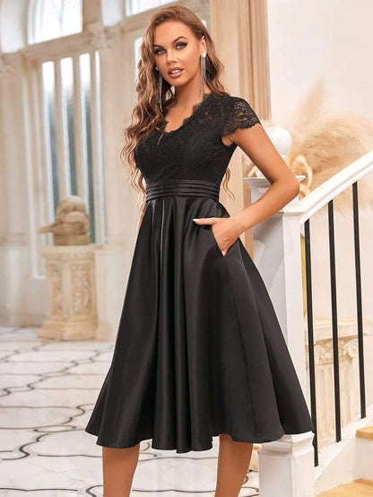 Romantic V-neck Lace Bodice Wedding Guest Dress with Pockets