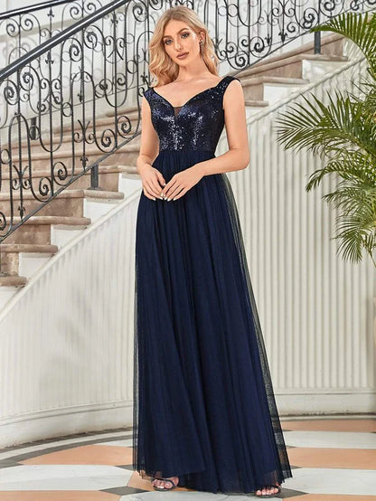 Stunning High Waist Tulle & Sequin Sleeveless Evening Dress