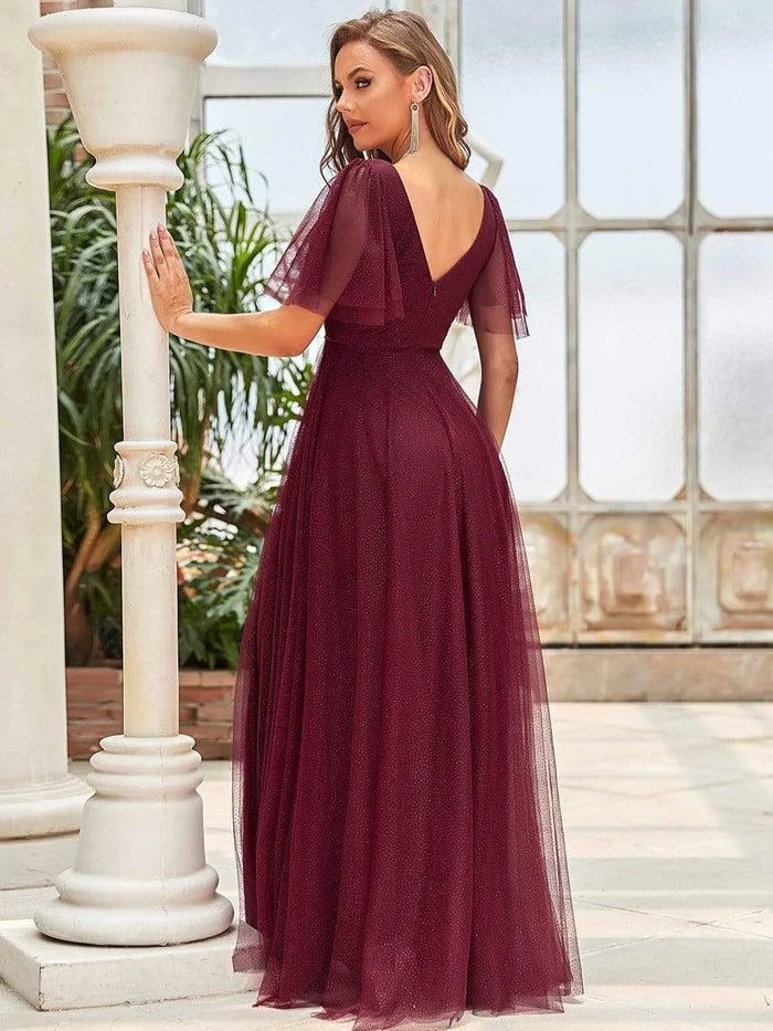 Cute Deep V Neck A-Line Tulle Long Wedding Guest Dress