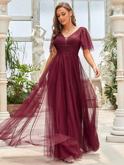 Cute Deep V Neck Maxi A-Line Tulle Evening Dress