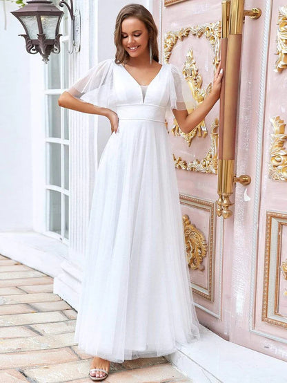 Cute Deep V Neck Maxi A-Line Tulle Evening Dress