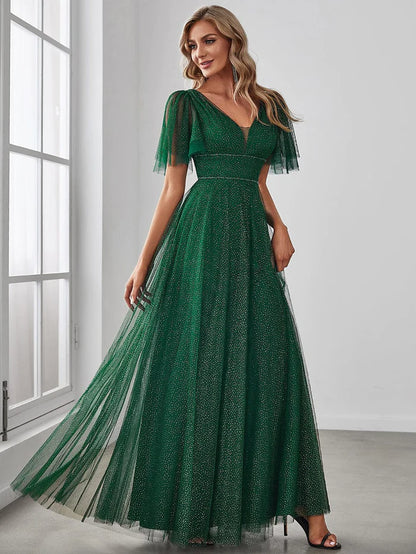 Cute Deep V Neck A-Line Tulle Long Wedding Guest Dress