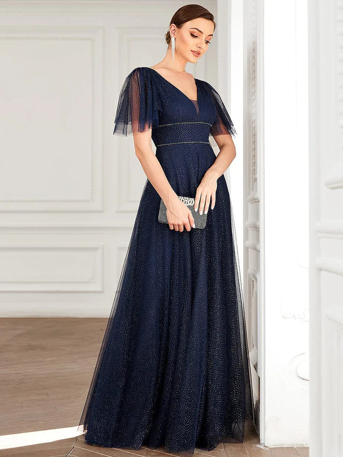 Cute Deep V Neck Maxi A-Line Tulle Evening Dress