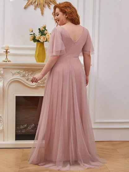 Cute Deep V Neck A-Line Tulle Long Wedding Guest Dress