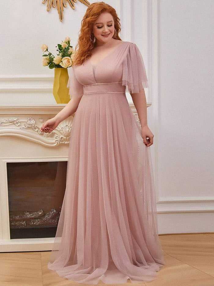 Cute Deep V Neck A-Line Tulle Long Wedding Guest Dress