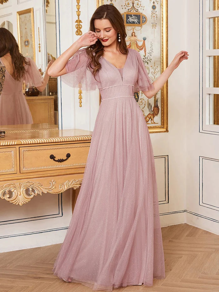 Cute Deep V Neck Maxi A-Line Tulle Evening Dress