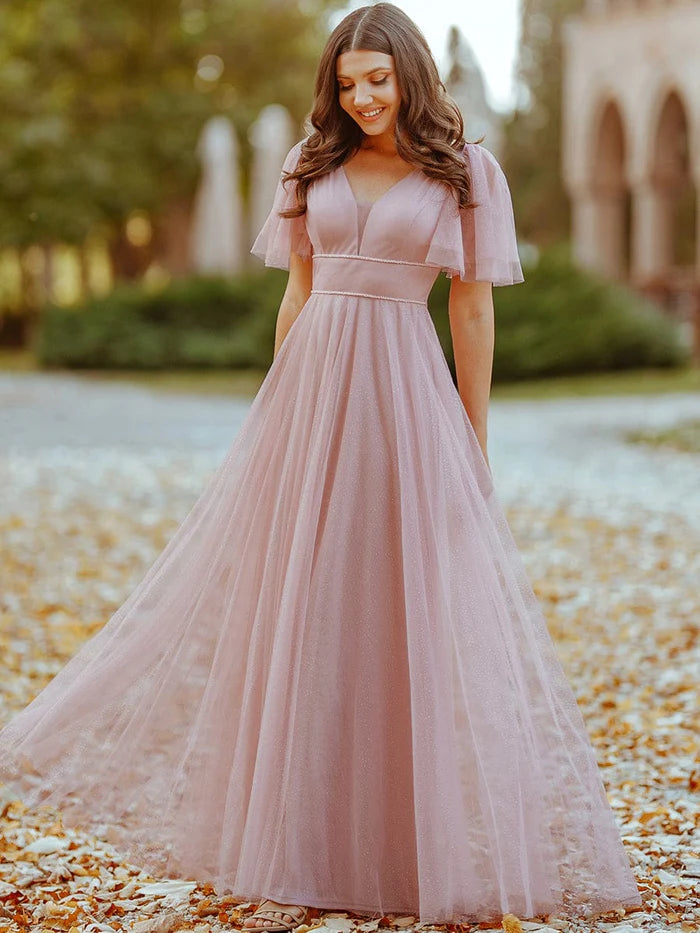 Cute Deep V Neck A-Line Tulle Long Wedding Guest Dress