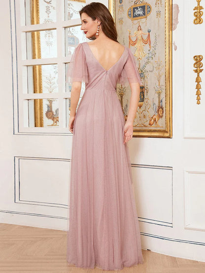 Cute Deep V Neck Maxi A-Line Tulle Evening Dress