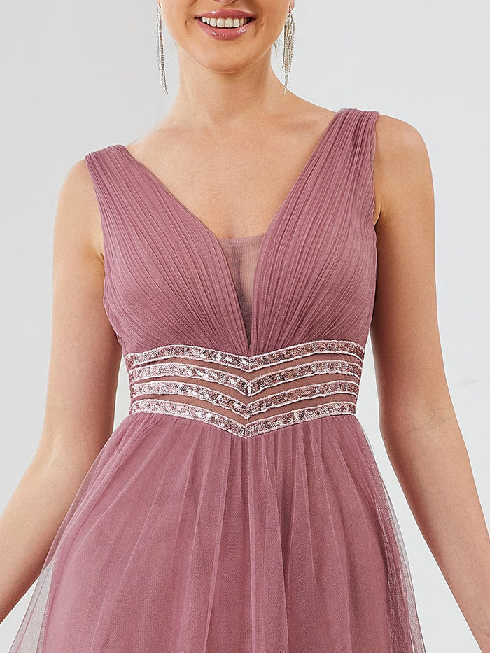 Sleeveless V Neck Sequin Long Evening Dress