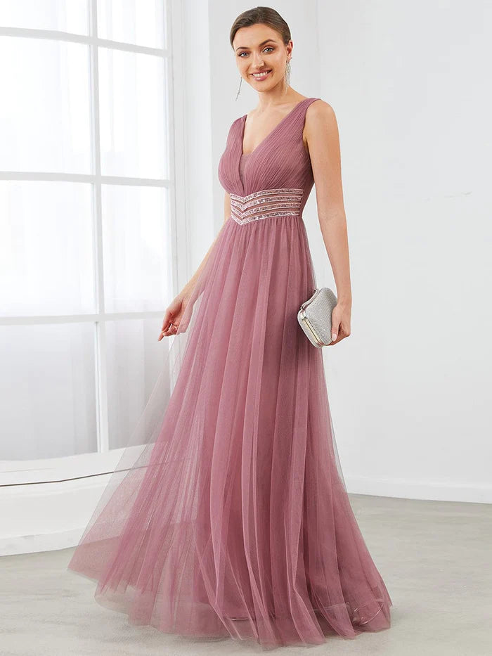 Sleeveless V Neck Sequin Long Evening Dress