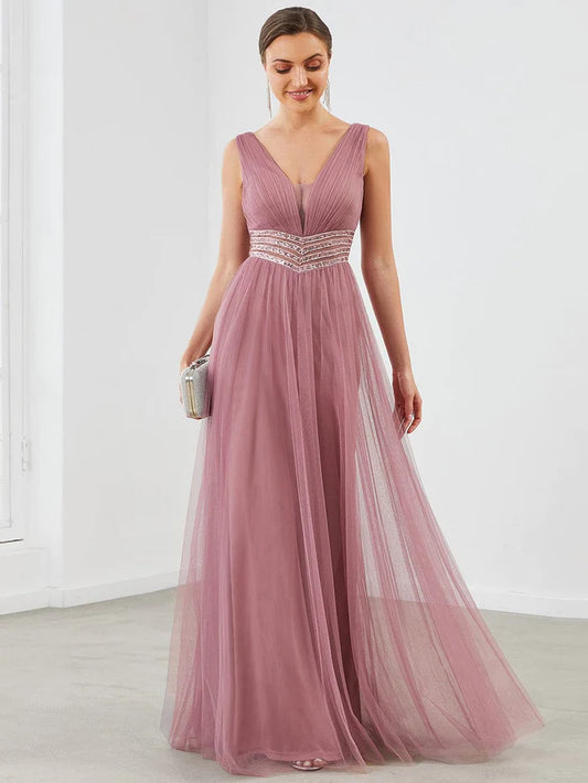 Sleeveless V Neck Sequin Long Evening Dress