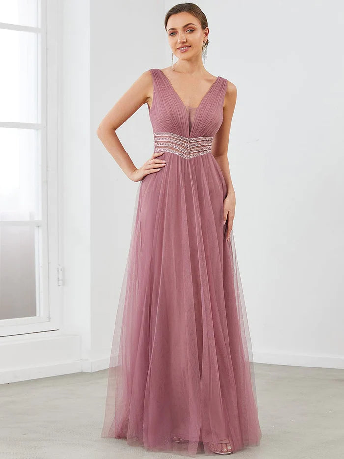 Sleeveless V Neck Sequin Long Evening Dress