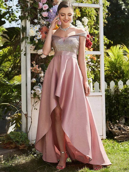 Off Shoulder Shimmer High Low Evening Dress