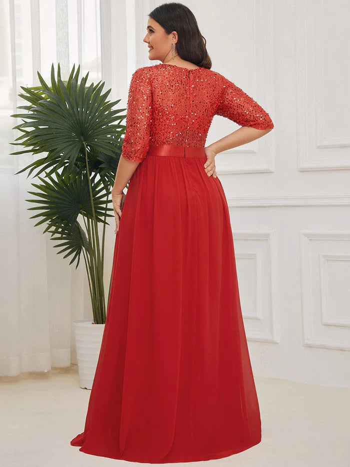 3/4 Sleeves Round Neck Sparkling Evening Dress With Sequin