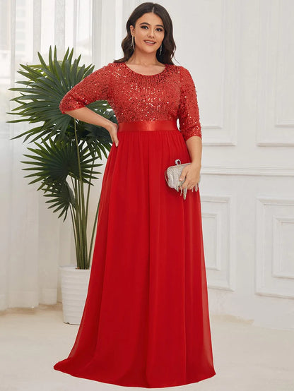 3/4 Sleeves Round Neck Sparkling Evening Dress With Sequin