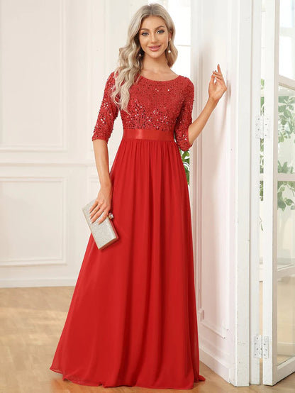 3/4 Sleeves Round Neck Sparkling Evening Dress With Sequin