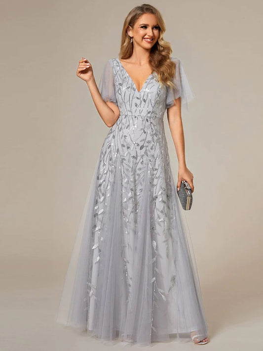 Stunning V Neck Long Wedding Guest Dress with Ruffle Sleeves