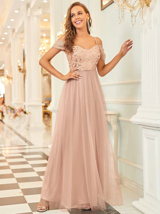 A-Line Sweetheart Neckline Ruffle Sleeve Tulle Bridesmaid Dress With Sequin