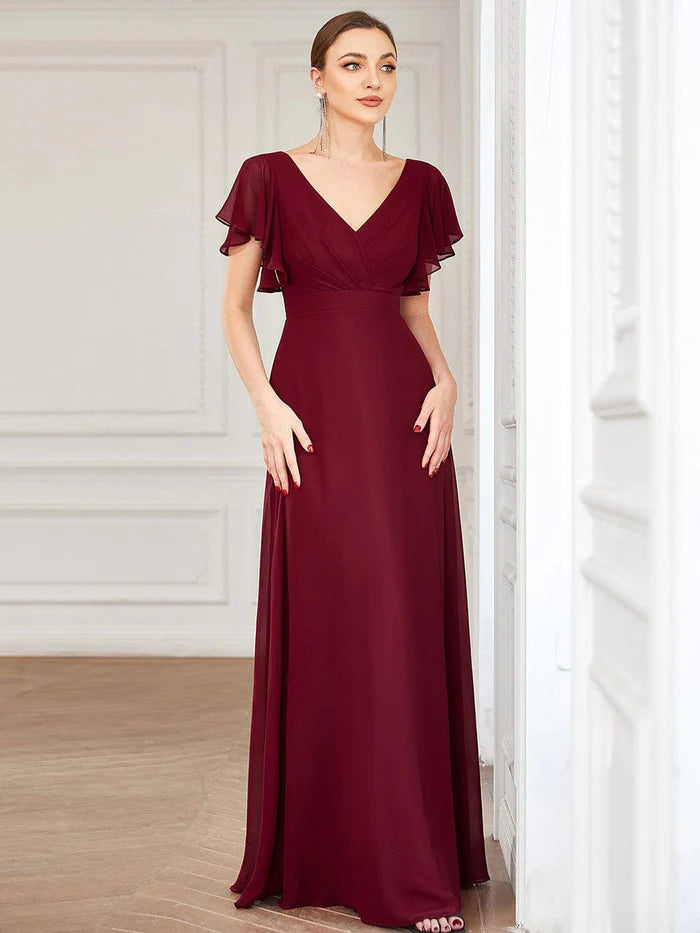 Short Ruffle Sleeve V-Neck Pleated Chiffon A-Line Evening Dress